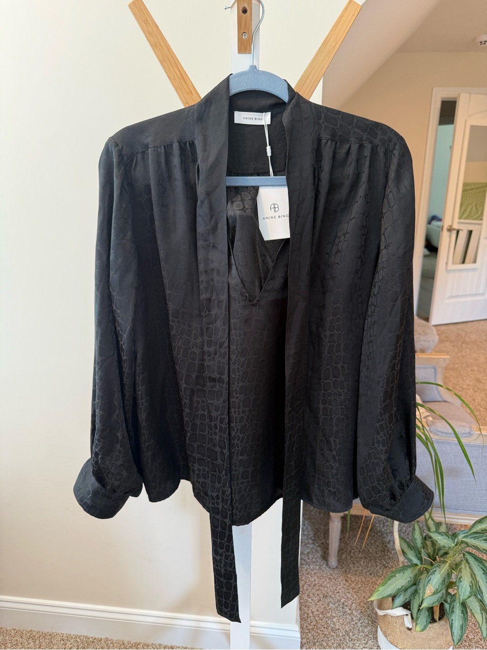 Anine Bing Black Satin Tie-Neck Blouse